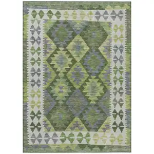 Photo of Olive Green Ivory And Gray Tribal Washable Indoor Outdoor Area Rug