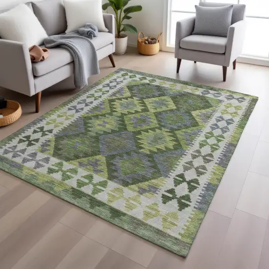 Olive Green Ivory And Gray Tribal Washable Indoor Outdoor Area Rug Photo 6