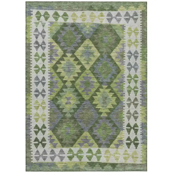 Olive Green Ivory And Gray Tribal Washable Indoor Outdoor Area Rug Photo 1