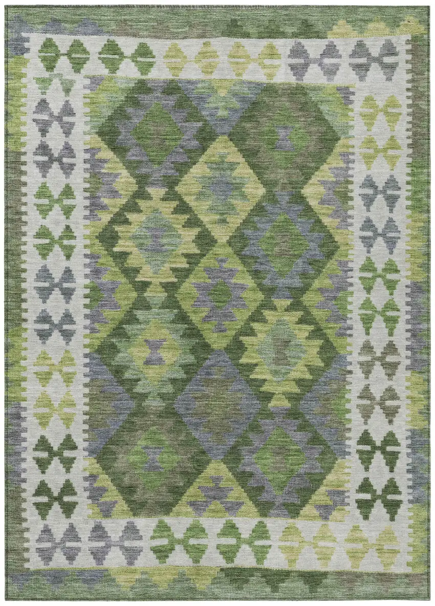 Olive Green Ivory And Gray Tribal Washable Indoor Outdoor Area Rug Photo 1