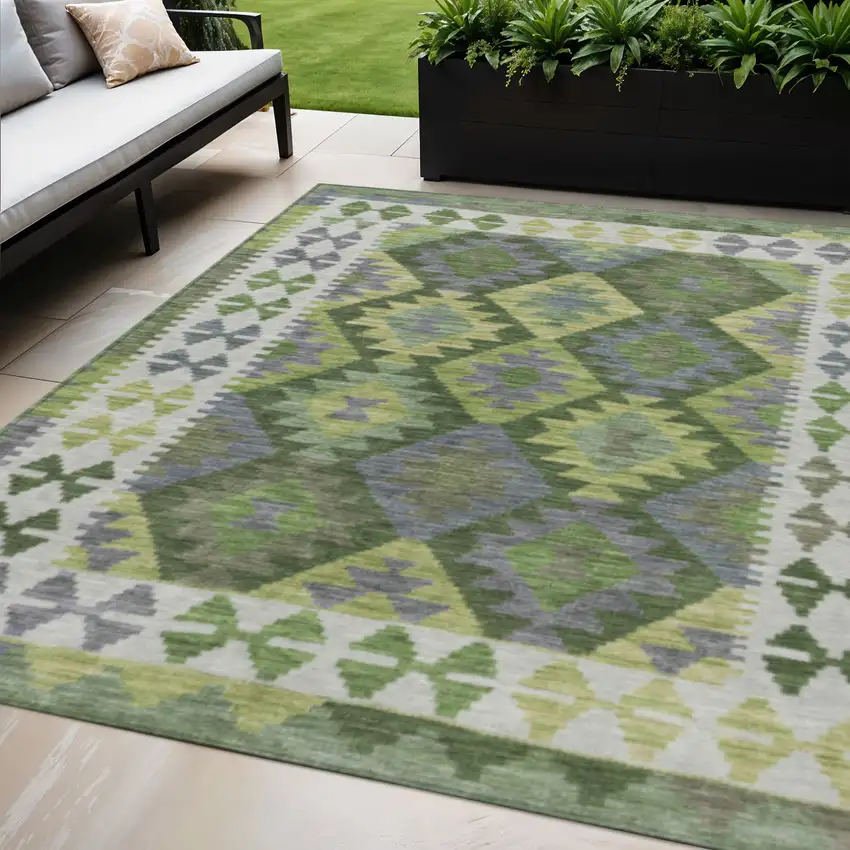 Olive Green Ivory And Gray Tribal Washable Indoor Outdoor Area Rug Photo 2