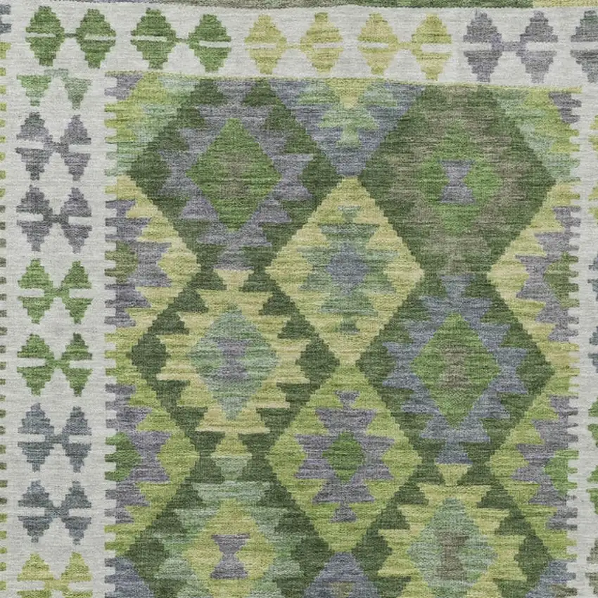 Olive Green Ivory And Gray Tribal Washable Indoor Outdoor Area Rug Photo 3