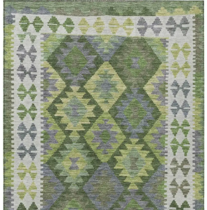 Olive Green Ivory And Gray Tribal Washable Indoor Outdoor Area Rug Photo 4