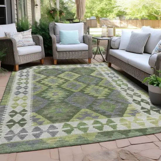 Olive Green Ivory And Gray Tribal Washable Indoor Outdoor Area Rug Photo 5