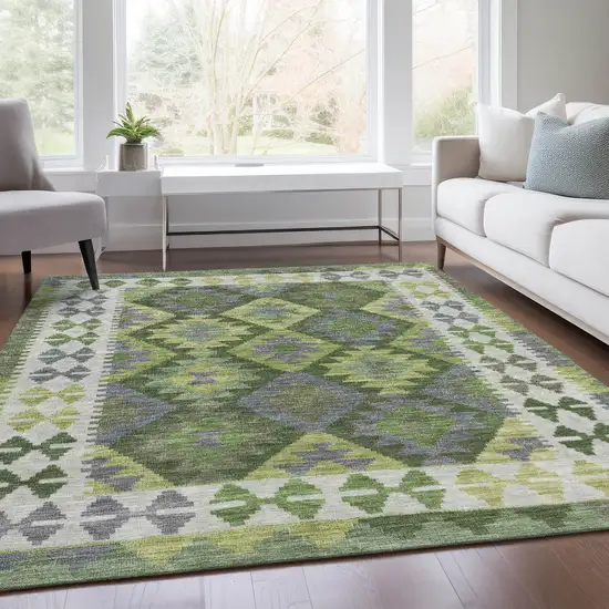 Olive Green Ivory And Gray Tribal Washable Indoor Outdoor Area Rug Photo 7