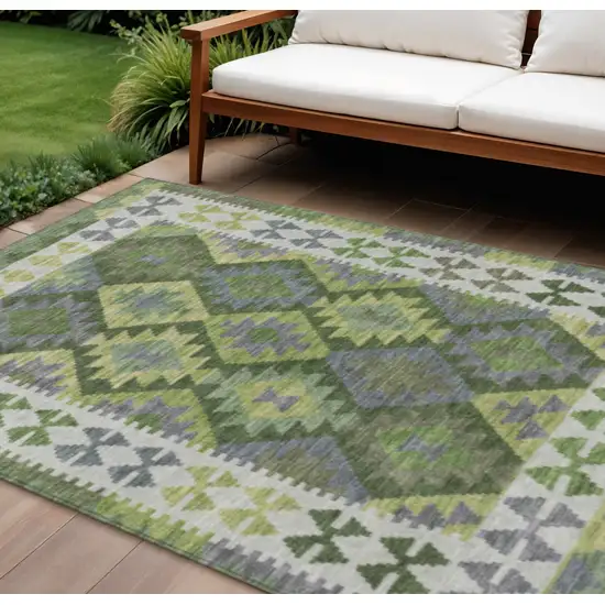 Olive Green Ivory And Gray Tribal Washable Indoor Outdoor Area Rug Photo 2