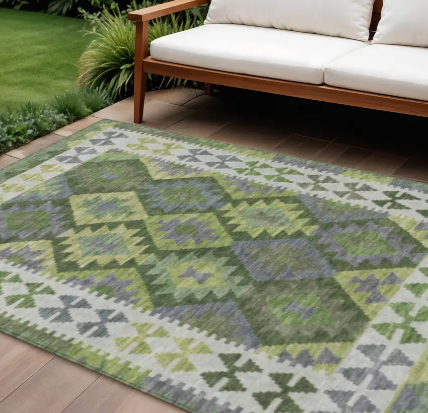 Olive Green Ivory And Gray Tribal Washable Indoor Outdoor Area Rug Photo 2