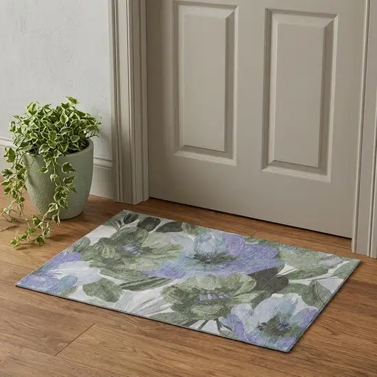 Olive Green Ivory And Lavender Floral Washable Area Rug With UV Protection Photo 1