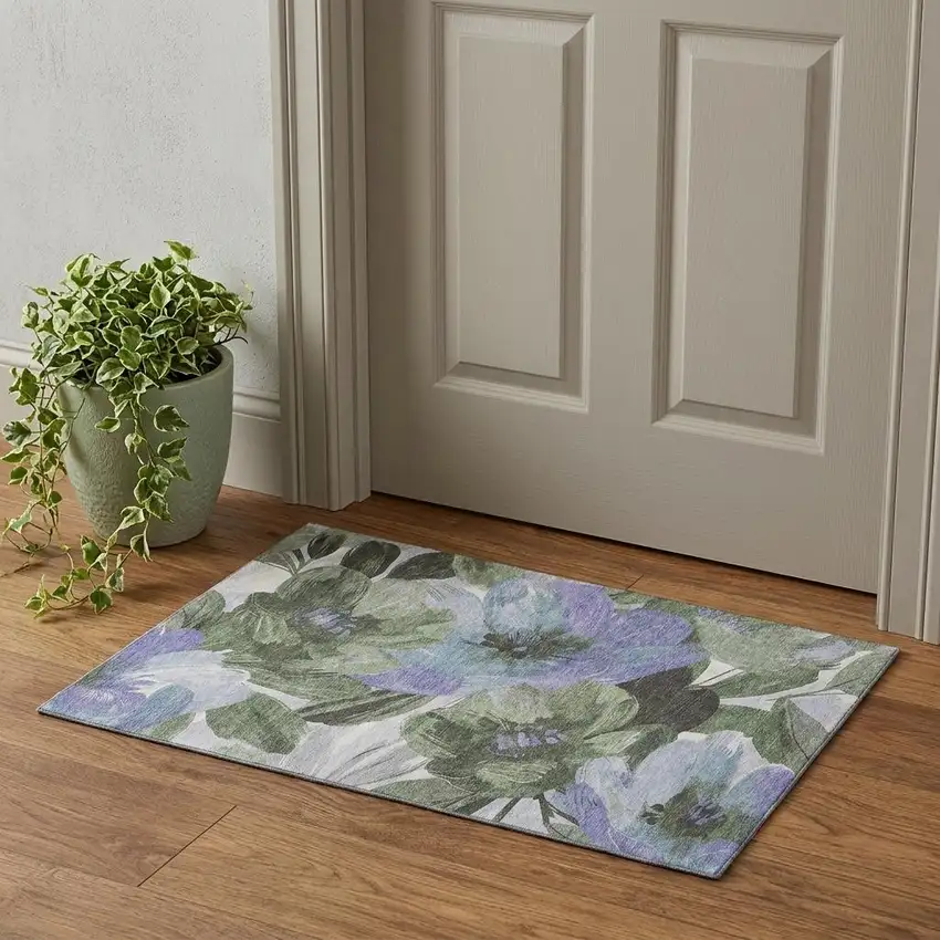 Olive Green Ivory And Lavender Floral Washable Area Rug With UV Protection Photo 1