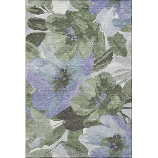 Olive Green Ivory And Lavender Floral Washable Area Rug With UV Protection Photo 3