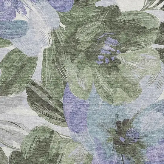 Olive Green Ivory And Lavender Floral Washable Area Rug With UV Protection Photo 2