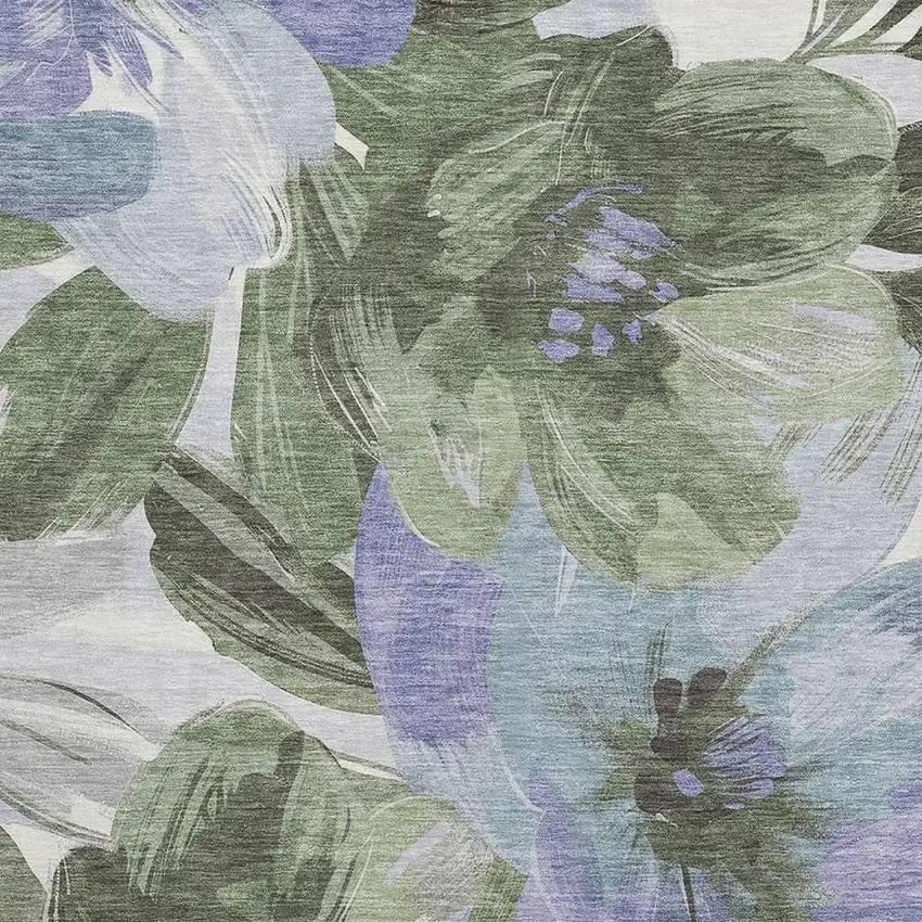 Olive Green Ivory And Lavender Floral Washable Area Rug With UV Protection Photo 2