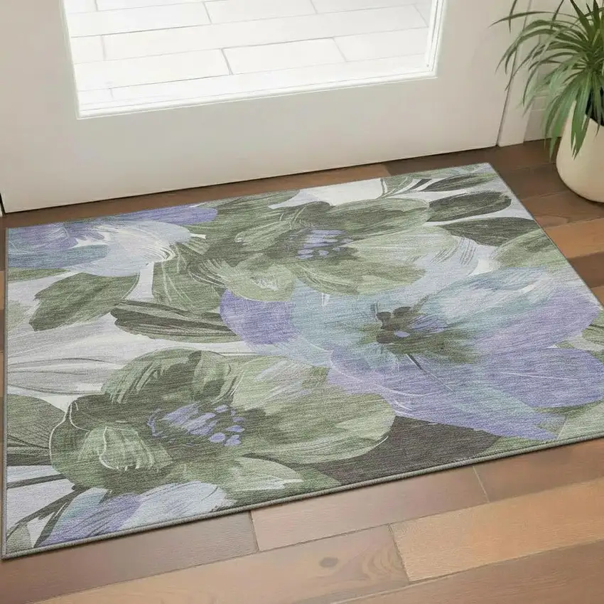 Olive Green Ivory And Lavender Floral Washable Area Rug With UV Protection Photo 2