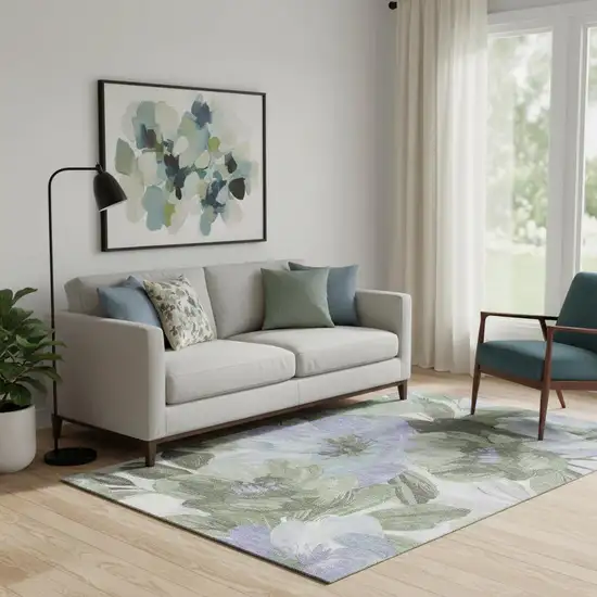Olive Green Ivory And Lavender Floral Washable Area Rug With UV Protection Photo 2