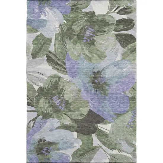 Olive Green Ivory And Lavender Floral Washable Area Rug With UV Protection Photo 1
