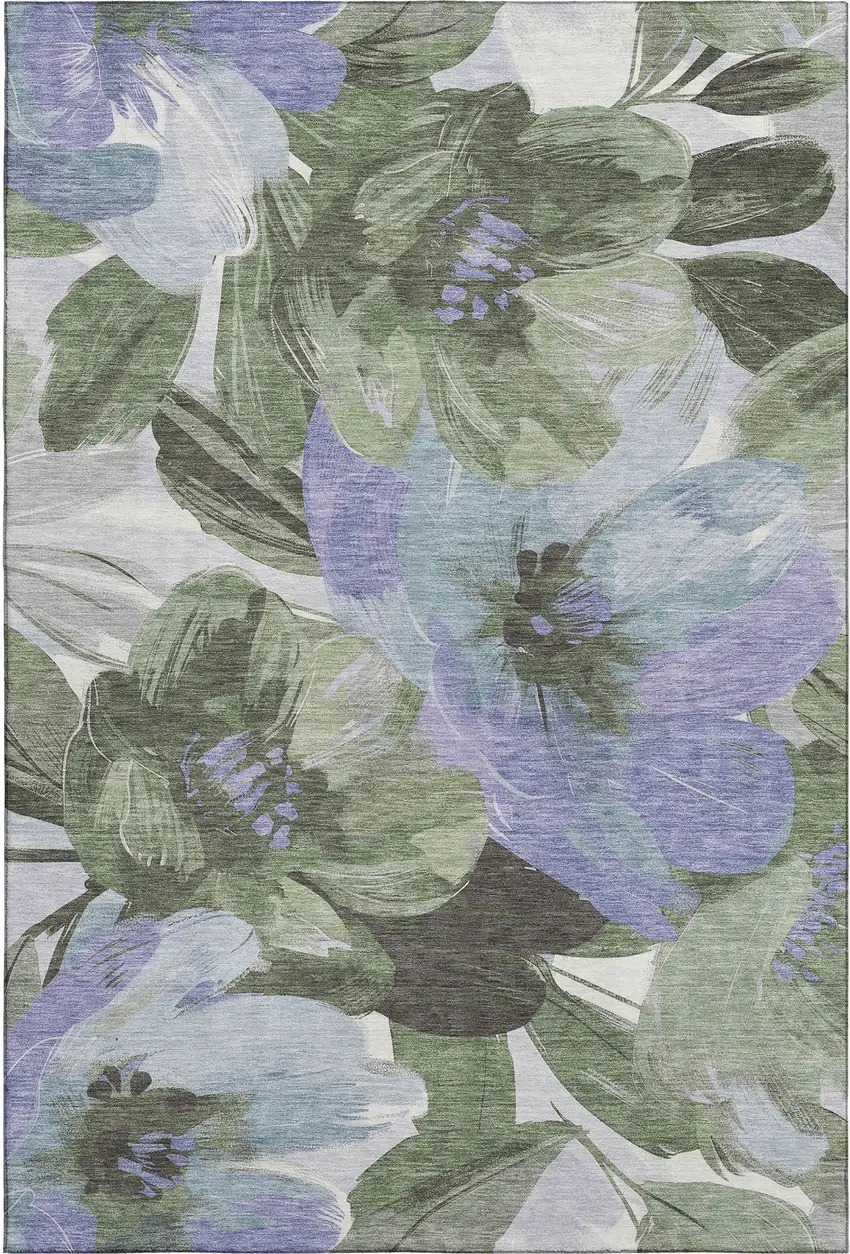 Olive Green Ivory And Lavender Floral Washable Area Rug With UV Protection Photo 1