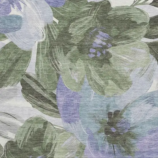 Olive Green Ivory And Lavender Floral Washable Area Rug With UV Protection Photo 2