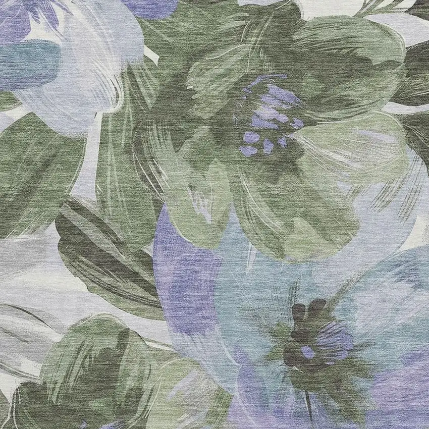 Olive Green Ivory And Lavender Floral Washable Area Rug With UV Protection Photo 2