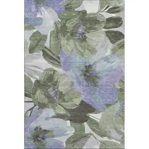 Photo of Olive Green Ivory And Lavender Floral Washable Area Rug With UV Protection