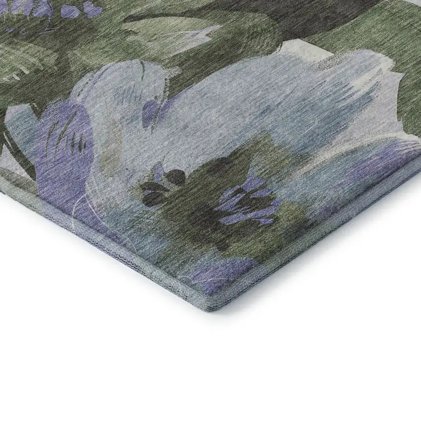 Olive Green Ivory And Lavender Floral Washable Area Rug With UV Protection Photo 6