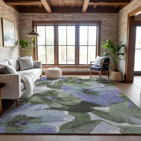 Olive Green Ivory And Lavender Floral Washable Area Rug With UV Protection Photo 4