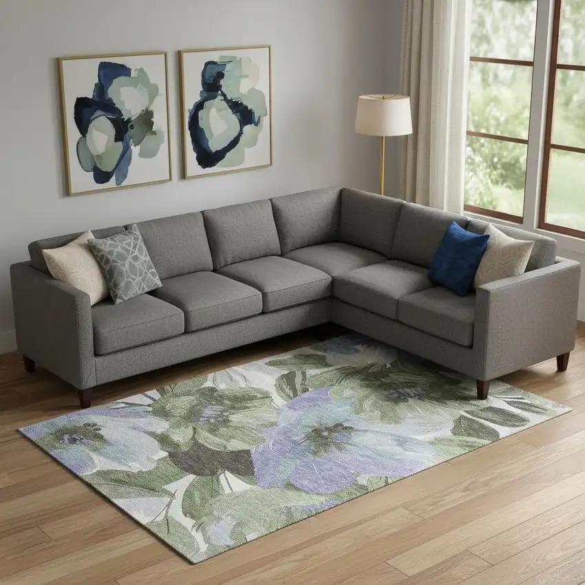 Olive Green Ivory And Lavender Floral Washable Area Rug With UV Protection Photo 2