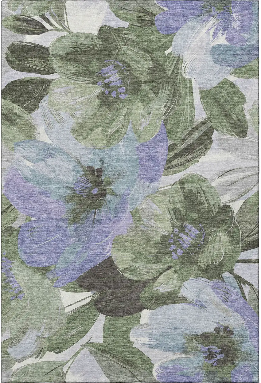 Olive Green Ivory And Lavender Floral Washable Area Rug With UV Protection Photo 2