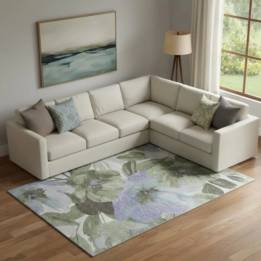 Olive Green Ivory And Lavender Floral Washable Area Rug With UV Protection Photo 2
