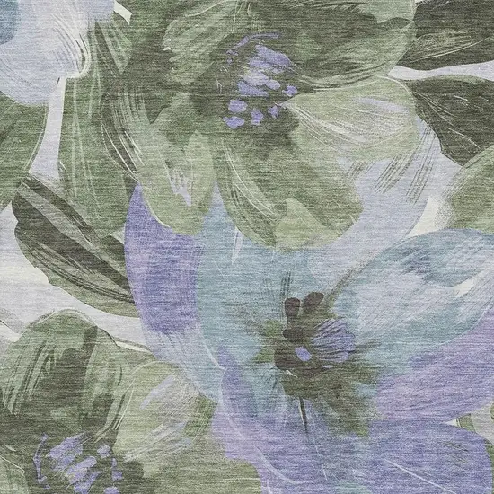 Olive Green Ivory And Lavender Floral Washable Area Rug With UV Protection Photo 2