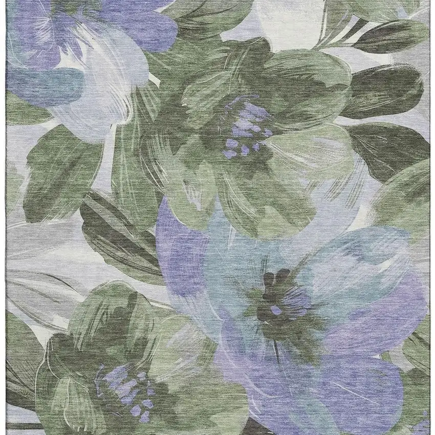 Olive Green Ivory And Lavender Floral Washable Area Rug With UV Protection Photo 3