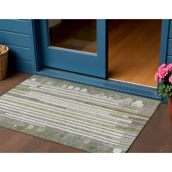 Olive Green Ivory And Lavender Geometric Washable Indoor Outdoor Area Rug Photo 2