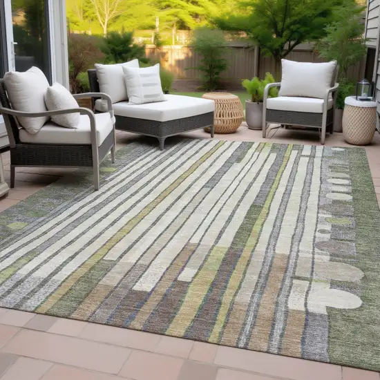 Olive Green Ivory And Lavender Geometric Washable Indoor Outdoor Area Rug Photo 9