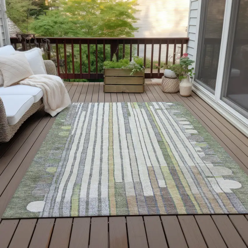 Olive Green Ivory And Lavender Geometric Washable Indoor Outdoor Area Rug Photo 6