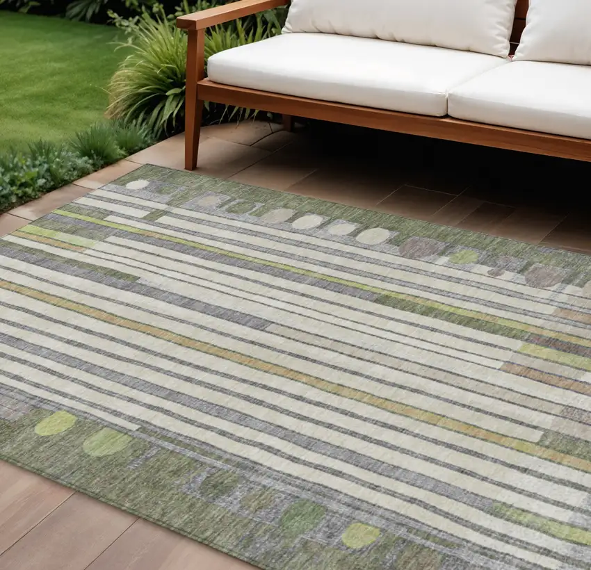 Olive Green Ivory And Lavender Geometric Washable Indoor Outdoor Area Rug Photo 2