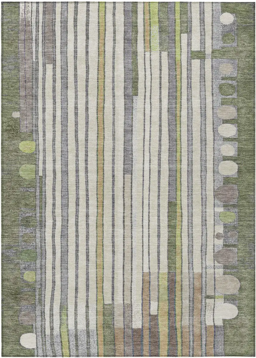 Olive Green Ivory And Lavender Geometric Washable Indoor Outdoor Area Rug Photo 1
