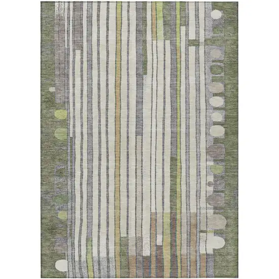 Olive Green Ivory And Lavender Geometric Washable Indoor Outdoor Area Rug Photo 1