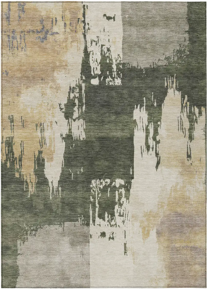 Olive Green Ivory And Tan Abstract Washable Indoor Outdoor Area Rug Photo 2