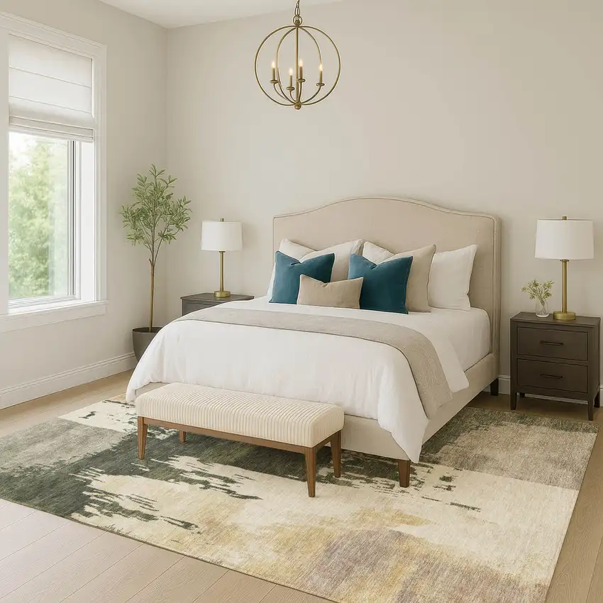 Olive Green Ivory And Tan Abstract Washable Indoor Outdoor Area Rug Photo 9