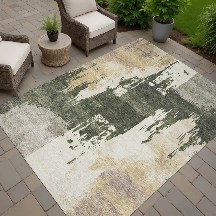 Olive Green Ivory And Tan Abstract Washable Indoor Outdoor Area Rug Photo 8
