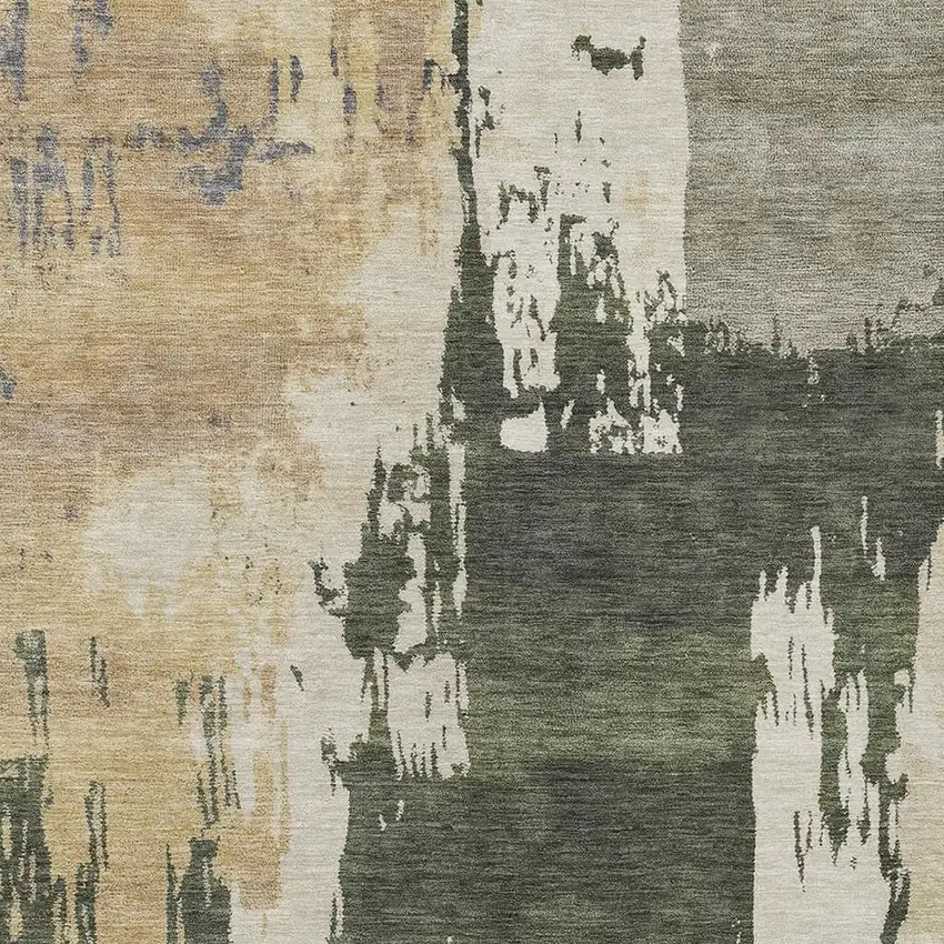 Olive Green Ivory And Tan Abstract Washable Indoor Outdoor Area Rug Photo 7