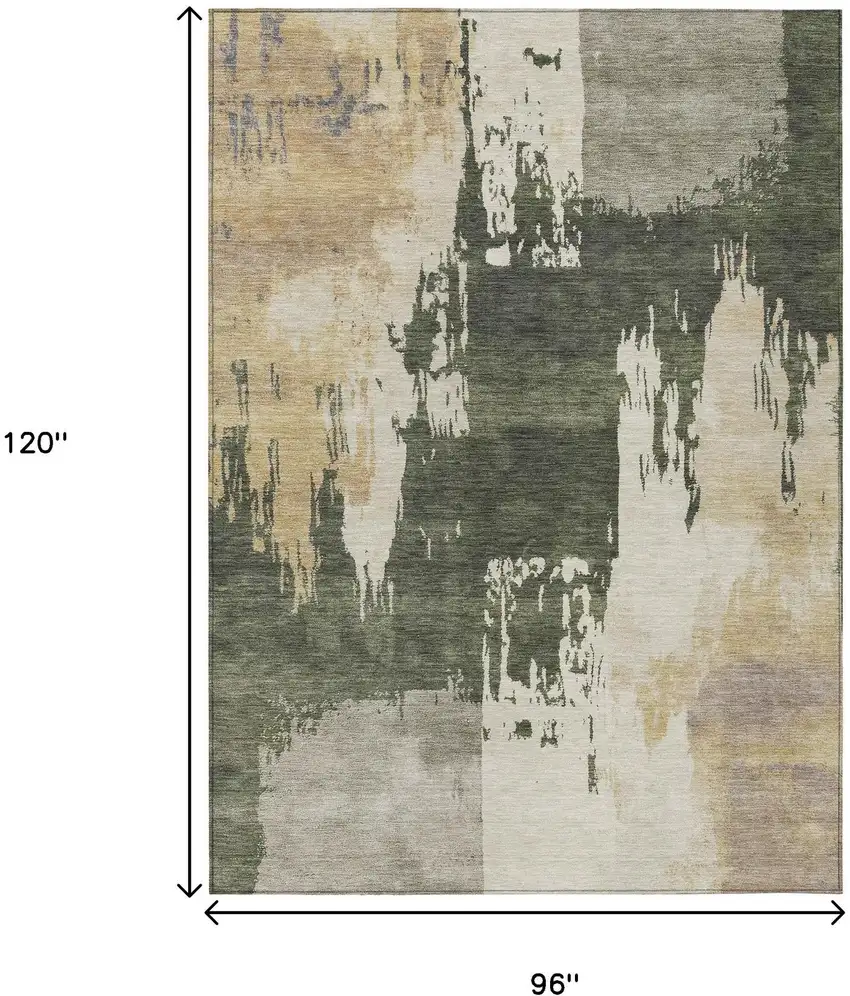 Olive Green Ivory And Tan Abstract Washable Indoor Outdoor Area Rug Photo 3