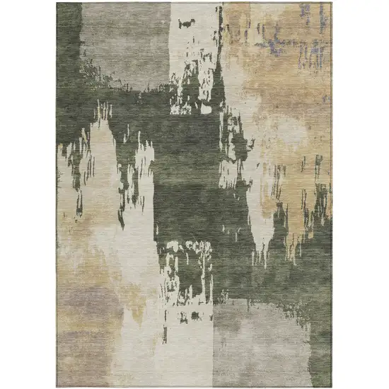 Olive Green Ivory And Tan Abstract Washable Indoor Outdoor Area Rug Photo 4