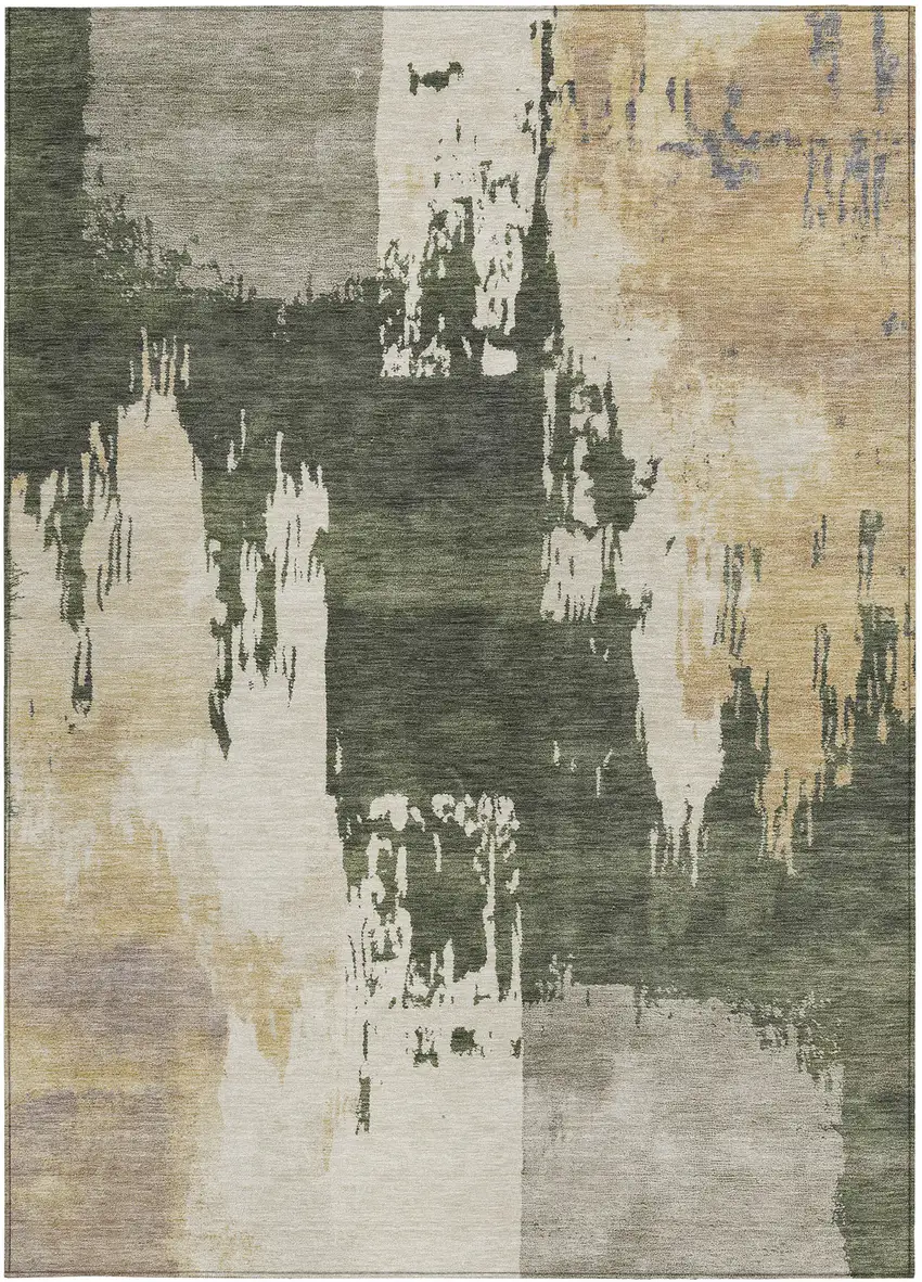 Olive Green Ivory And Tan Abstract Washable Indoor Outdoor Area Rug Photo 4