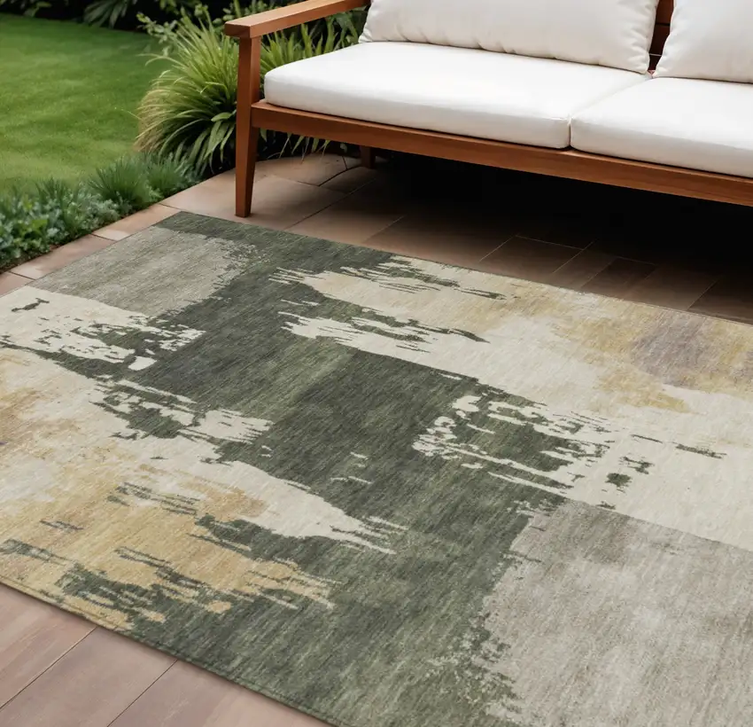 Olive Green Ivory And Tan Abstract Washable Indoor Outdoor Area Rug Photo 2