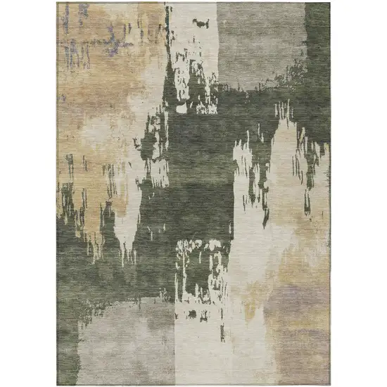 Olive Green Ivory And Tan Abstract Washable Indoor Outdoor Area Rug Photo 2
