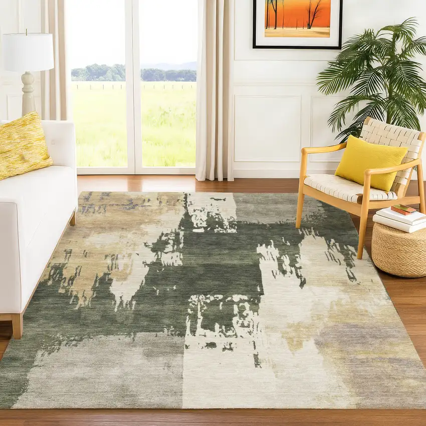 Olive Green Ivory And Tan Abstract Washable Indoor Outdoor Area Rug Photo 9