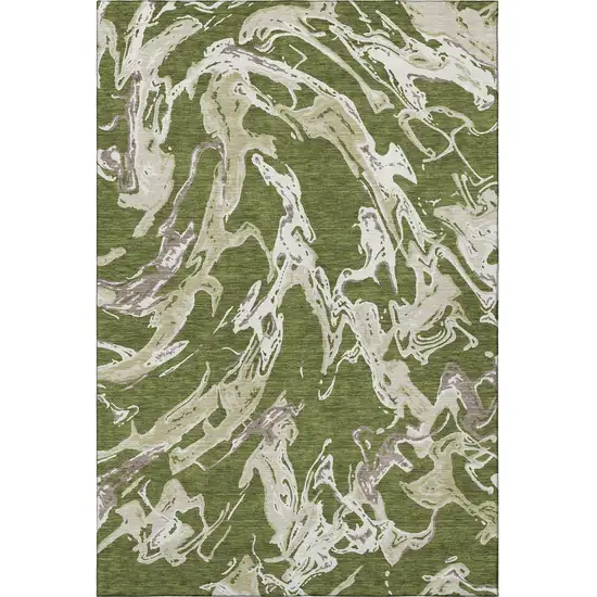 Olive Green Ivory And Taupe Abstract Washable Area Rug With UV Protection Photo 2