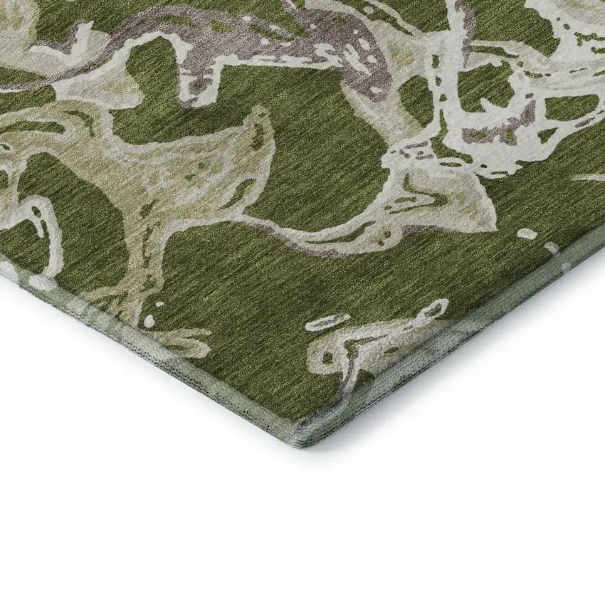 Olive Green Ivory And Taupe Abstract Washable Area Rug With UV Protection Photo 6