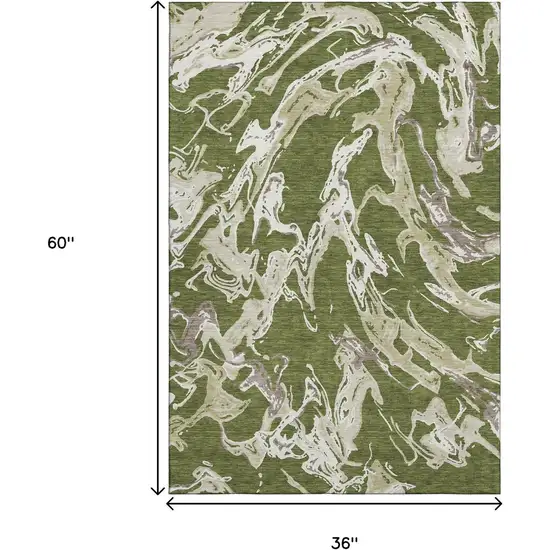 Olive Green Ivory And Taupe Abstract Washable Area Rug With UV Protection Photo 9