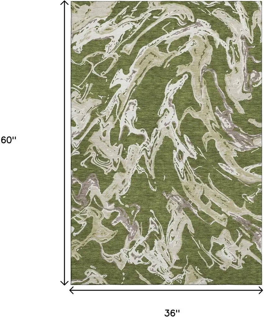 Olive Green Ivory And Taupe Abstract Washable Area Rug With UV Protection Photo 9